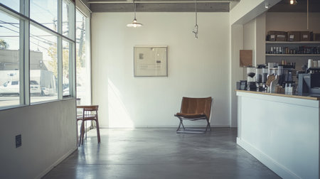 Artistic urban coffee shop with white walls and reflective glass windows, featuring a lone contemporary chair near the entry for design contrastの素材