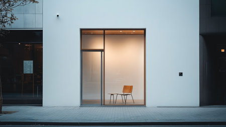 Minimalist coffee shop exterior, pure white wall, sharp-edged glass panels, and one modern chair softly illuminated by natural light at the doorの素材
