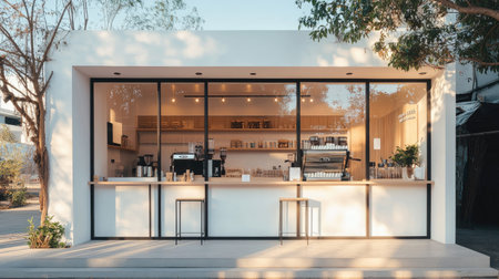 A modern minimalist coffee bar with stark white facade and clear glass storefront, glowing in natural daylightの素材