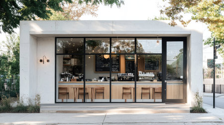 A chic cafe front with a white concrete wall and expansive glass windows, framed by subtle architectural details and natural light -の素材