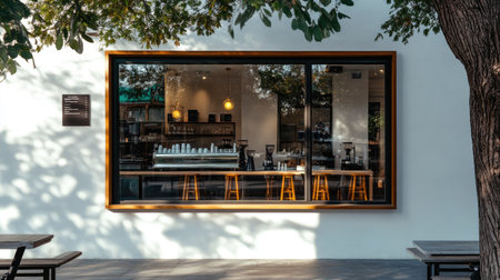 Urban coffee shop corner with flat whitewashed wall and seamless glass windows, catching early morning light and reflectionsの素材