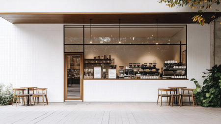 Simple yet elegant coffee shop exterior with white wall and transparent glass windows, creating a calm, refined visualの素材