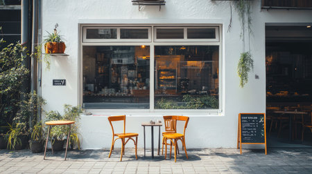 Contemporary coffee shop set against an urban backdrop, with a bright whitewashed wall and transparent frameless windowsの素材