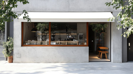 Urban cafe front featuring bright whitewashed concrete and frameless glass windows, stylish and minimal in designの素材