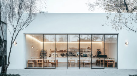 Urban minimalist cafe exterior, pure white backdrop with floor-to-ceiling glass inviting glimpses of the cozy interior -の素材
