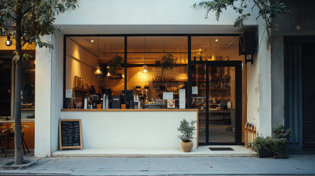 Modern coffee bar in a dense urban area with whitewashed front and frameless glass windows, architecture meeting street lifeの素材