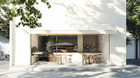 Urban cafe design with bright whitewashed facade and modern frameless windows, offering a peek into minimalist interiorsの素材