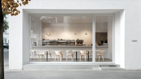 Urban cafe design with bright whitewashed facade and modern frameless windows, offering a peek into minimalist interiorsの素材
