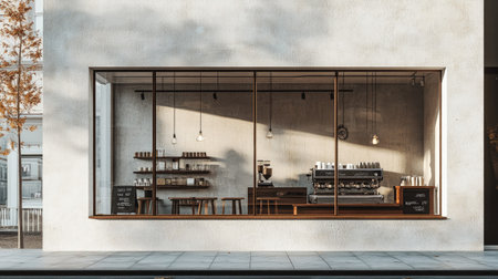 Urban coffee shop facade with a whitewashed wall and seamless frameless glass windows, reflecting nearby city buildings in soft daylightの素材