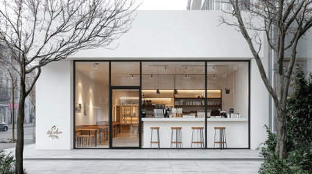 Urban minimalist cafe exterior, pure white backdrop with floor-to-ceiling glass inviting glimpses of the cozy interior -の素材