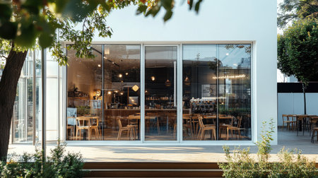 White-walled cafe facade with transparent glass panels, exuding simplicity, modernity, and elegance in daylightの素材