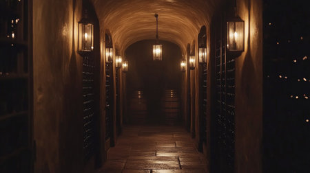 A cinematic shot of a wine cellar hallway fading into darkness, lined with bottles and glowing lanternsの素材