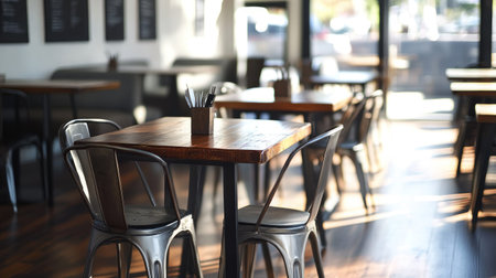 A beautifully lit coffeehouse with a rustic-modern theme, polished floors, matte metal chairs, and handcrafted wood tablesの素材