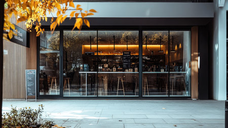 A modern coffee shop storefront with large glass windows, minimal signage, and clean pavement reflecting city lifeの素材