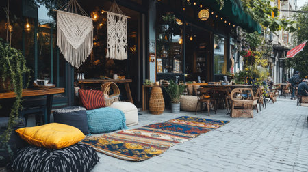A bohemian-style cafe with macrame decor and outdoor cushions lining the sidewalk entranceの素材
