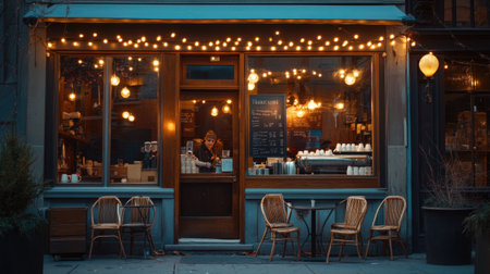 A hip coffee shop front with string lights, cozy chairs, and a barista visible through the window on a lively streetの素材