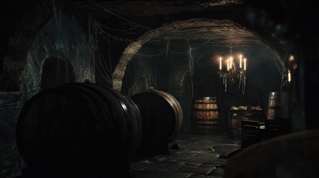 A dimly lit underground wine cellar with aged oak barrels and cobwebs, giving an old-world, historic feelの素材