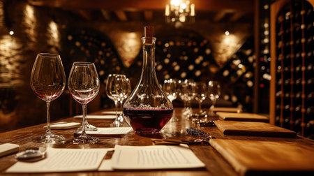A professional tasting setup in a wine cellar, with wine glasses, decanters, and tasting notes on a wooden tableの素材