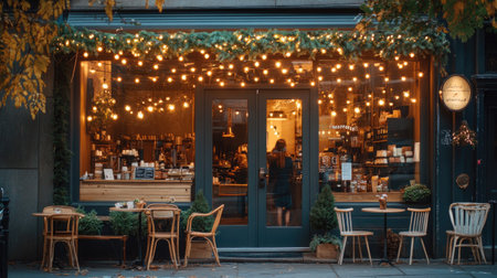 A hip coffee shop front with string lights, cozy chairs, and a barista visible through the window on a lively streetの素材
