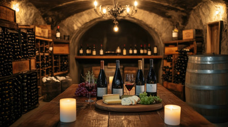 A cozy wine tasting room inside a wine cellar, featuring a wooden table, candles, cheese platter, and open bottles of wineの素材
