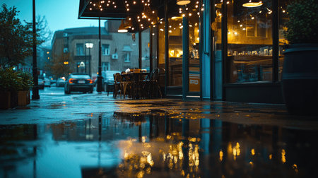 A rainy morning view of a coffee shop entrance, puddles on the sidewalk reflecting the shop lights, cozy atmosphereの素材