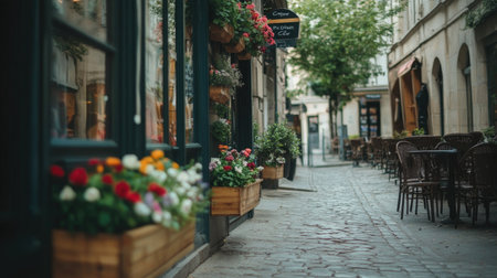A quaint European-style cafe entrance with flower boxes on the windowsill, nestled on a narrow stone-paved sidewalkの素材