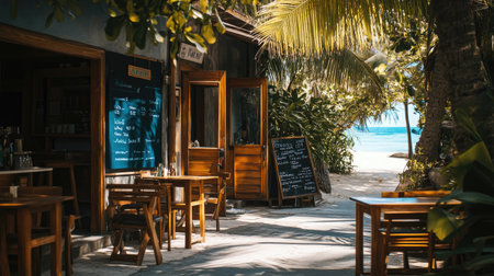 A serene cafe on a beachside sidewalk, open wooden doors, palm shadows on the pavement, and laid-back vibesの素材