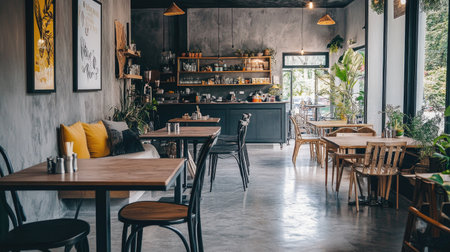 A stylish, modern-rustic cafe interior featuring concrete floors, black-framed chairs, and oak tabletopsの素材