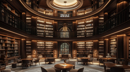 Library with grand interior design, circular balcony, towering book walls, and study tables placed in open areasの素材