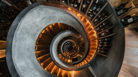A top-down view of a spiral staircase leading into a circular wine cellar filled with vintage bottlesの素材