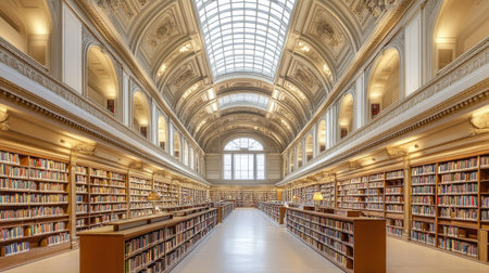 Bright public library space with clean curves, multi-level bookshelves, and unoccupied reading areas under skylightsの素材