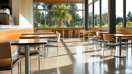 Contemporary cafe interior with clean lines, wood and metal fusion in furniture, and gleaming floor finishの素材