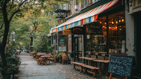 A vintage coffee shop with a colorful awning, wooden benches outside, and hand-painted signboards on a tree-lined streetの素材