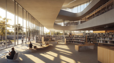Wide shot of a public library with modern design, curved mezzanine levels, and sunlit reading desksの素材