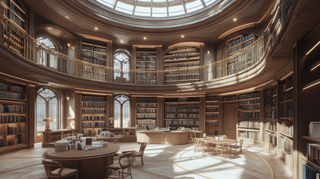 Library with grand interior design, circular balcony, towering book walls, and study tables placed in open areasの素材