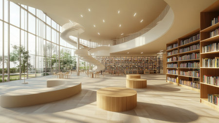 Vast empty library floor with spiral bookshelf layout, modern design lines, and large tables arranged for readersの素材