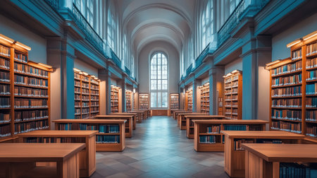 Peaceful library space with soaring ceilings, grand curved structures, and symmetrical arrangement of reading desksの素材