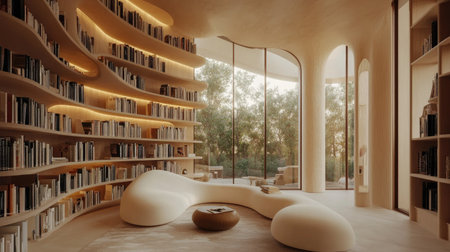 Contemporary library with soft curves in the walls and shelving, high ceilings, and a serene reading environmentの素材