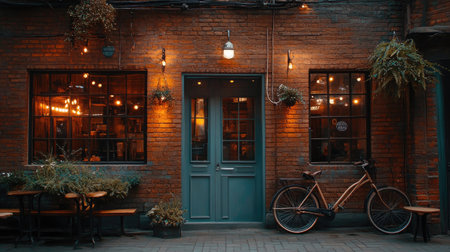 Rustic coffee shop facade with brick walls, hanging lights, and a bicycle parked nearby on a quiet sidewalkの素材