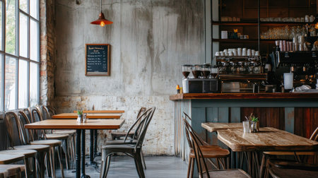 Interior of a cafe with Scandinavian-style design, combining rustic wooden textures and industrial metal furnitureの素材