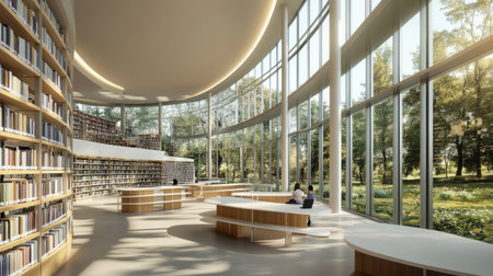 Sleek modern library design with panoramic windows, rounded shelves, and no one seated at the reading tablesの素材