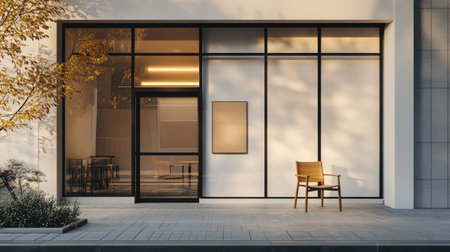Architectural coffee shop front with clean white walls, wide glass panels, and a lone chair placed near the entrance under soft golden hour lightの素材