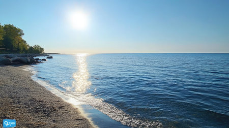 Peaceful water scene with radiant sunlight enhancing a smooth transition from aqua near shore to royal blue afarの素材