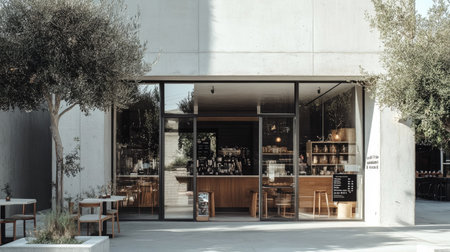 A chic cafe front with a white concrete wall and expansive glass windows, framed by subtle architectural details and natural light -の素材