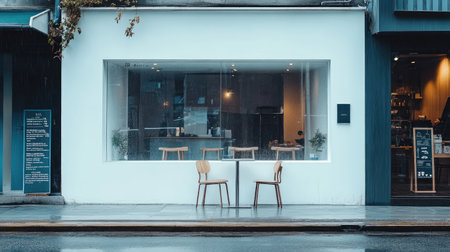 Minimal cafe facade in a vibrant city, showcasing a whitewashed wall and sleek frameless glass design for a clean aestheticの素材