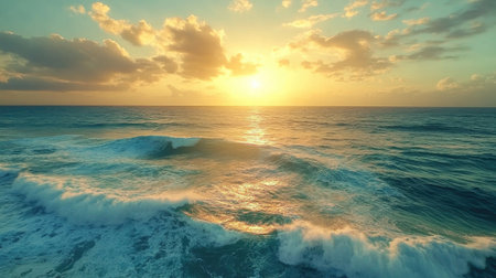 Serene sea with soft waves, showing a clear gradient from tropical aqua to oceanic royal blue under golden sunlightの素材