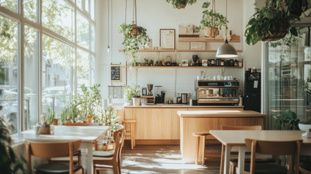 Contemporary cafe setting with white walls, wooden cabinetry, hanging plants, and glass walls creating an open feelの素材