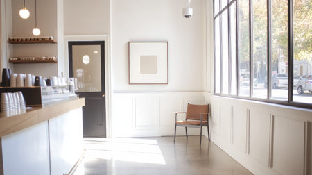 Sleek and quiet coffee shop entrance, with a white-painted wall, spotless glass surfaces, and a single accent chair next to the doorの素材