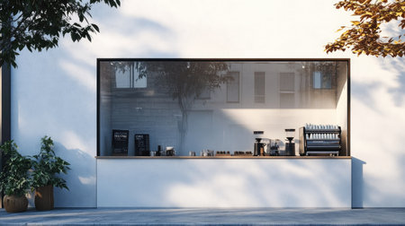 Urban coffee shop facade with a whitewashed wall and seamless frameless glass windows, reflecting nearby city buildings in soft daylightの素材