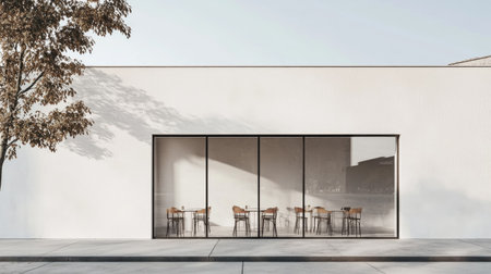 Minimalist cafe exterior with white stucco wall, seamless glass frontage, and a clean sidewalk foreground under bright skiesの素材
